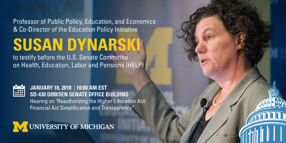 fordschool's tweet photo. TOMORROW (Jan. 18): @dynarski testifies on student aid before the U.S. Senate HELP Committee. Tune-in to the livestream at 10:00am: https://t.co/WiJ71qoLkL #finaid #edpolicy https://t.co/lq5391pED3
