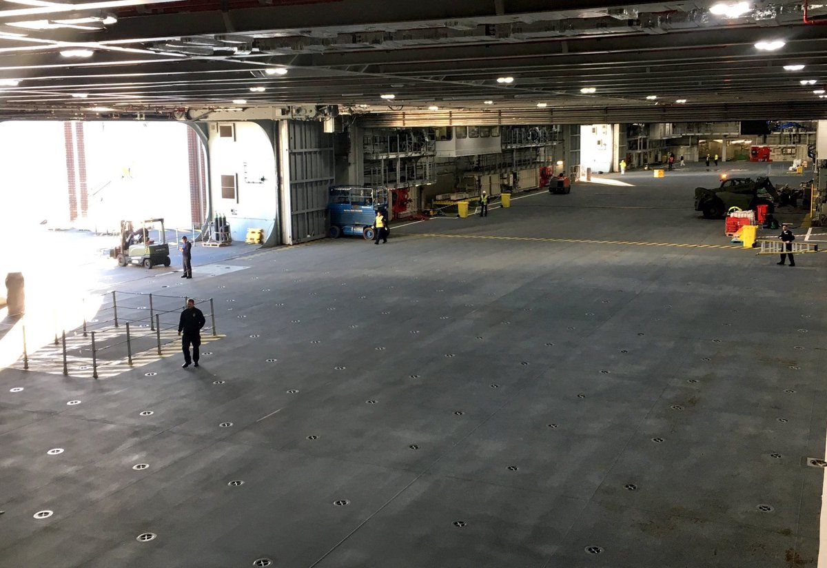 A view from the forward end of the hangar looking aft. On the left of the picture is the hangars doors which open onto the forward lift.