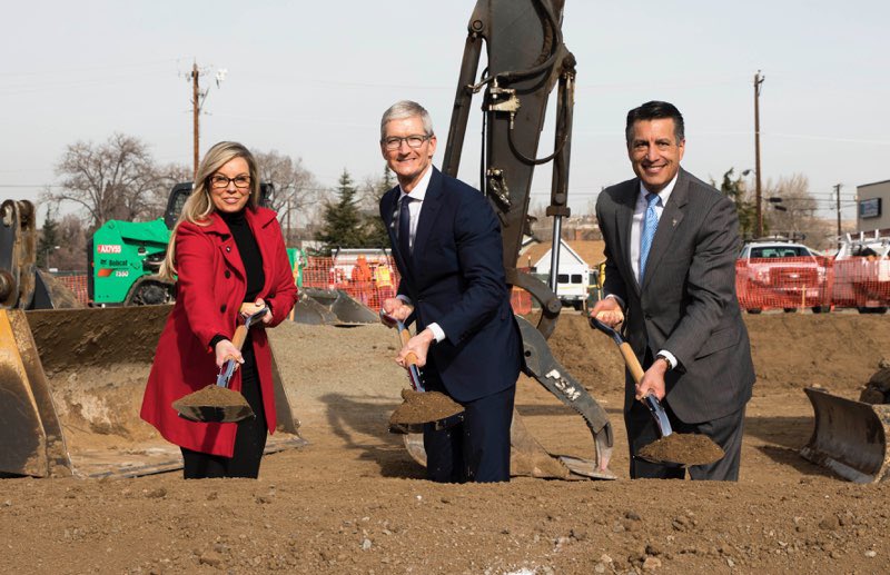 tim_cook's tweet image. Breaking ground in Reno today with @GovSandoval &amp;amp; @MayorSchieve as part of our data center expansion plan, one of many Apple initiatives which will contribute $350 billion to the U.S. economy and create 20,000 new jobs over the next 5 years.