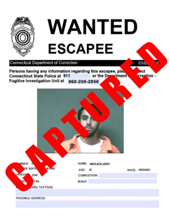 Once returned to the state, escapee Mercado will be transported to the Northern Correctional Institution where he will be referred for placement on the agency’s highest level of supervision known as Administrative Segregation.