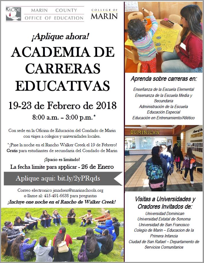 MrMadsen1's tweet photo. Are you a high school student in Marin County who's interested in becoming a teacher? We are accepting applications for the Education Careers Academy to be held Feb. 19-23. It's FREE! College tours, guest speakers, lunch included! Apply by Jan. 26!  https://t.co/Icnt1NJru8 #Marin https://t.co/2jbHkIYLbi