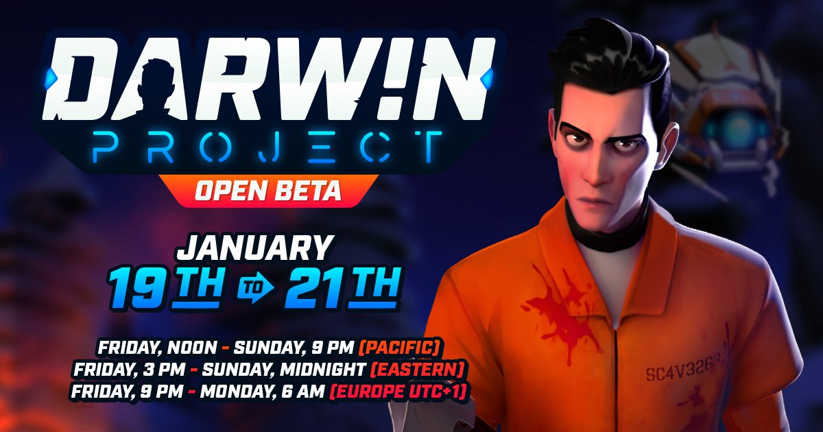 It's Official! Our first OPEN BETA happens This Weekend: January 19th to 21th! Invite your Friends, Family and Enemies! Get your axe and bow ready and Pre-load the game right now on <a href="/steam_games/">Steam</a> : store.steampowered.com/app/544920/Dar…   #indiedev #BattleRoyale #darwinproject #beta #eShow