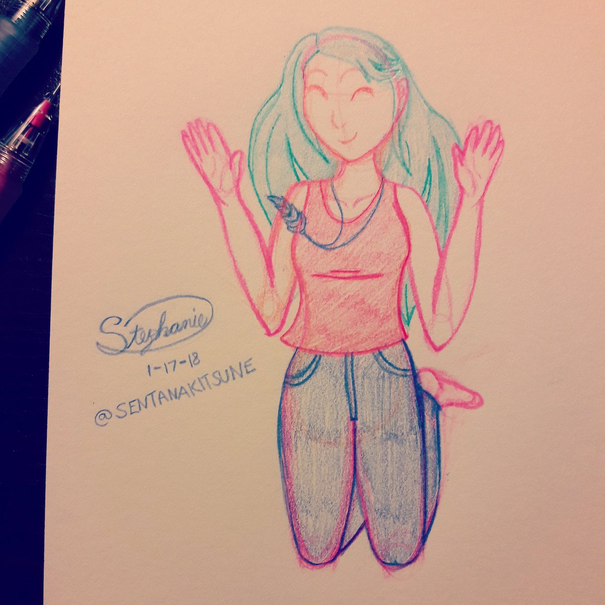 SentanaKitsune's tweet photo. No hotel wi-fi to stream Netflix means prime sketching time. The easiest person to reference is yourself in mirrors. xD I also wanted an excuse to draw my new dress shirt and feather necklace ~ ♡ #Sketch #Self-Portrait #SentanaKitsune #LongHair #Girl #GirlJumping #MyArt https://t.co/FrBbyLneVo