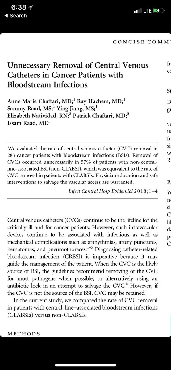 vineet_chopra's tweet image. Really important paper in @iche on unnecessary removal of #CVCs. See too much of this with #PICCs. #timeforchange