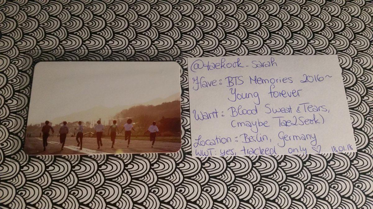 taekook_sarah's tweet photo. @BTSTRADE_EU @BTSTradingPC @btslookingfor @kpop_pc_trades @BTS_trading 

Have: Memories of 2016 Young Forever Card
Want: Blood Sweat &amp; Tears 
Location: Germany
WWT: Yes, tracked only♥

@BTS_twt #iHeartAwards #BestBoyBand #BestFanArmy (shameless but let's get the boys the win xD) https://t.co/WwwQD5tlgp