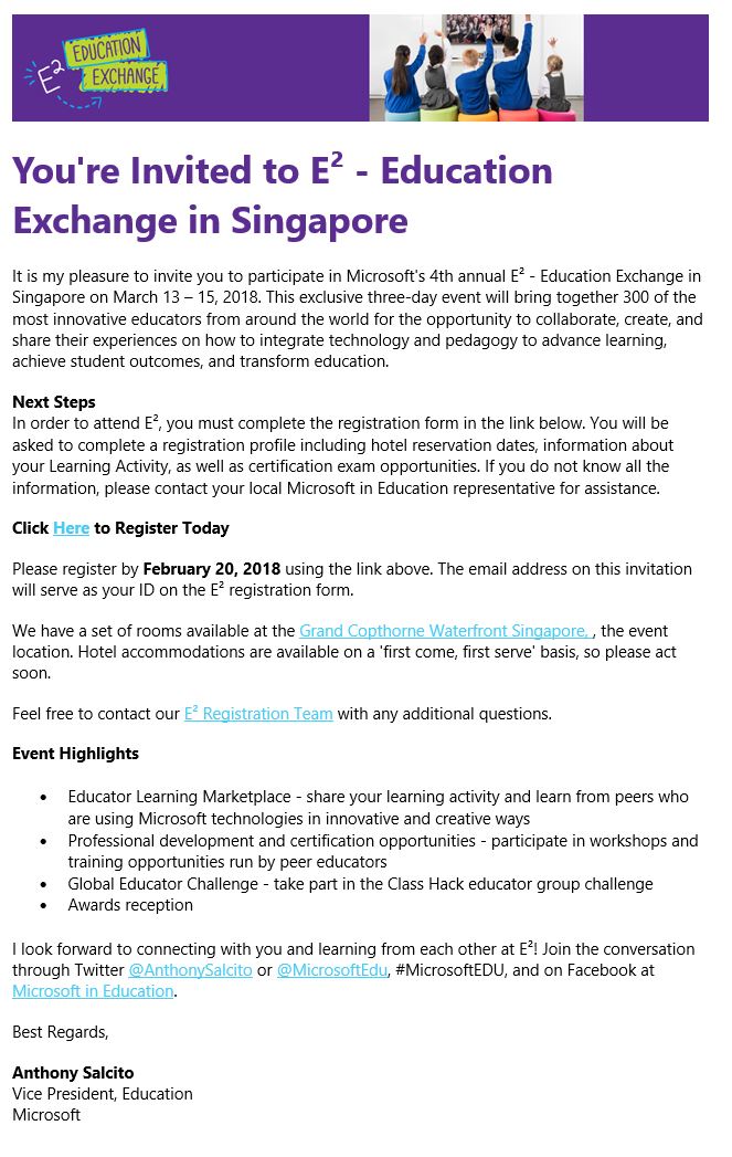 ShyniSudheer's tweet photo. Honored to be invited to participate in Microsoft's 4th Education Exchange E2 in Singapore! Thank you @MicrosoftEDU @AnthonySalcito  @official_TWS @TwsVijaya @kings1309  @sdelafosse @mieexpert https://t.co/vm8gjAHhi2