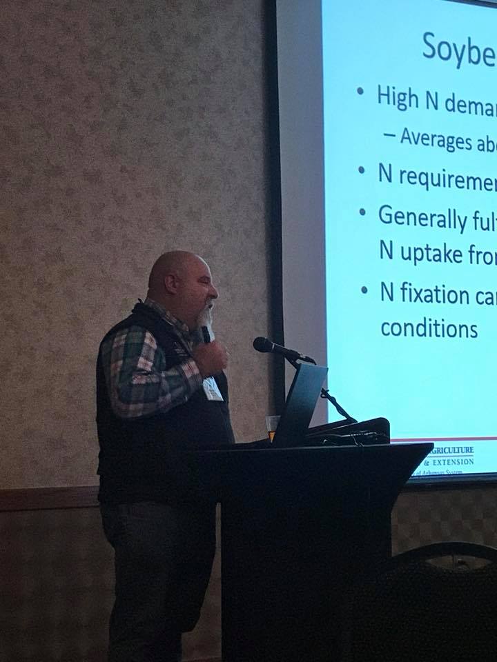 AgWriterArk's tweet photo. .@arksoydoc:  Highest nitrogen fixation occurs at the R5-R6 growth stage. Proper inoculation and soil testing/lime applications are key soybean management practices. #ACMC18 #plant18  Tnx to @ARKeithPerkins https://t.co/Y8icMYQWkD