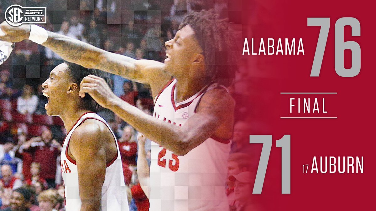 SECNetwork's tweet photo. UPSET COMPLETE!!

@AlabamaMBB takes down No. 17 Auburn 76-71, snapping the Tigers' 14-game win streak. https://t.co/SMDRDyH5pe
