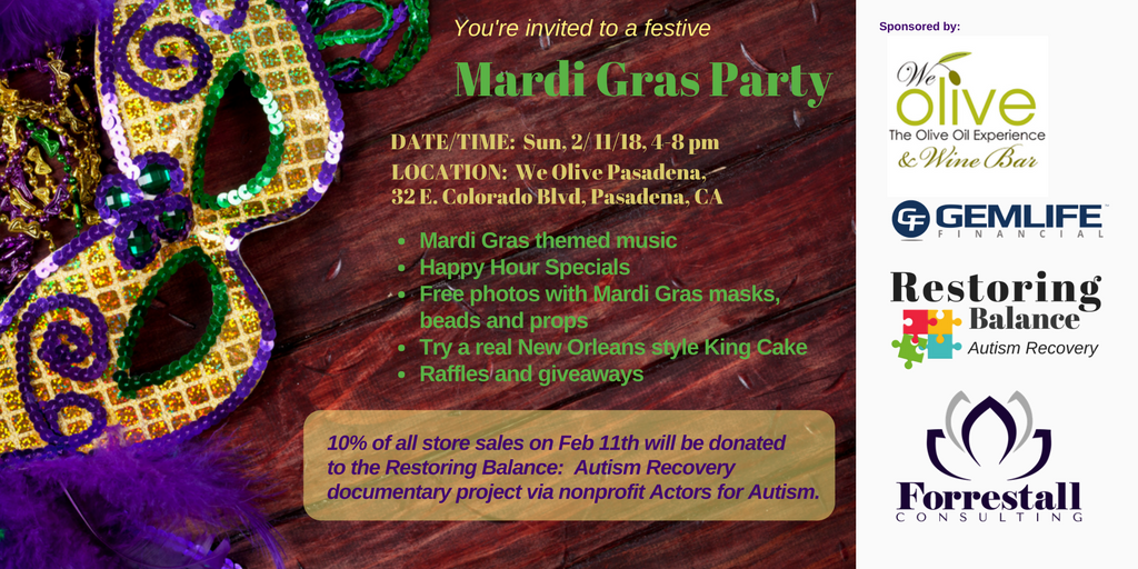 WeOlivePasadena's tweet photo. Join us for our seasonal Mardi Gras party on Sunday, February 11th supporting a local non-profit! #mardigras #weolive https://t.co/ewx0r1elo3