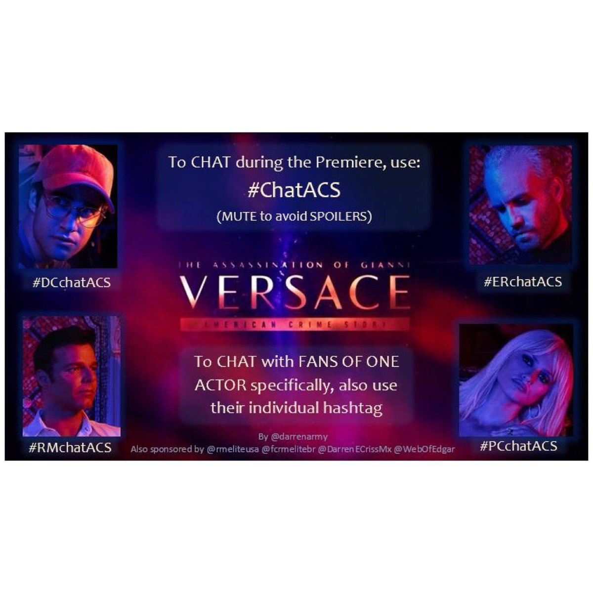 WebofEdgar's tweet photo. BTW: Join us ! Tonight to CHAT with others Watching on US & Canada the #ACSVersace premiere, use the hashtag #ChatACS. If you do not want spoilers, MUTE that tag. @edgarramirez25 https://t.co/2495qetuaW