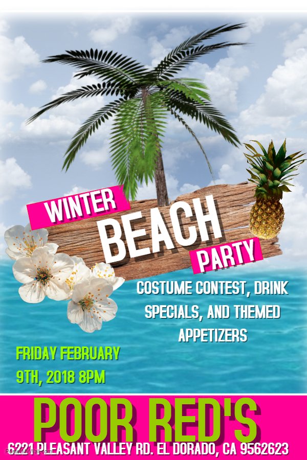 PoorReds's tweet image. Bring your Hawaiian shirt and celebrate mid-Winter at Poor Red's Beach Party! #PoorReds #ElDoradoAuthentic