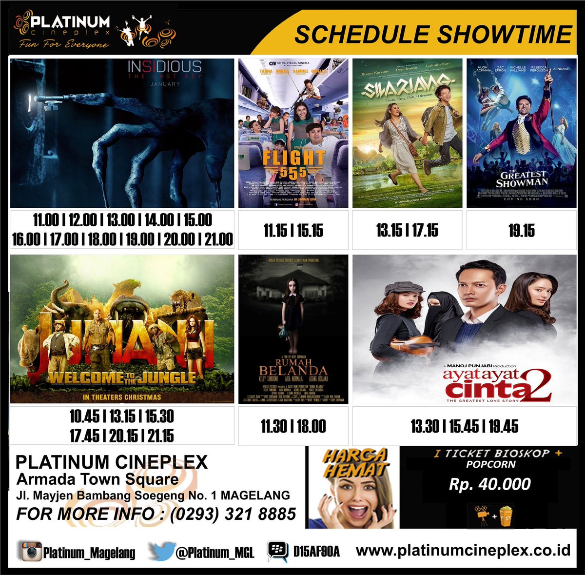Selamat Pagi!
Semangat Kamis Manis.
Yuuk guys permanis hari kamu bareng film film kerennya di Platinum Cineplex Magelang.
Hari ini ada film film New Release special buat kamu lho.
Ada RUMAH BELANDA, FLIGHT 555 dan SILARIANG CINTA YANG (TAK) DIRESTUI