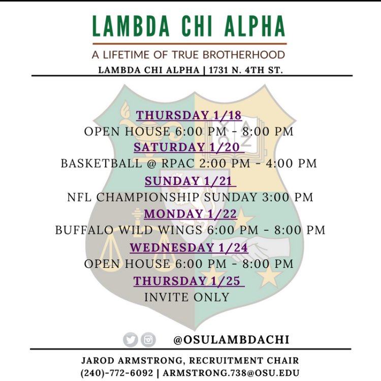 Come meet the men of Lambda Chi, we'll be having events all week.  Feel free to contact our recruitment chair Jarod Armstrong