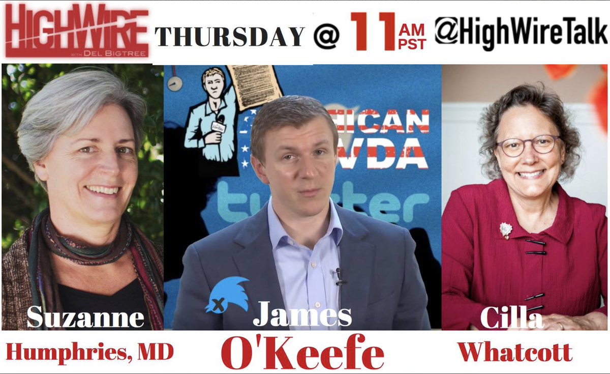 HighWireTalk's tweet photo. Uncovering the dark side of twitter with journalist @JamesOKeefeIII,  Breaking your fear of #Fever with @DrsuzanneH,  Real Immunity with Cilla Whatcott, and busting the #flu Horde Hype. Don't miss The HighWire Thursdays at 11am pacific, @HighWireTalk #ProjectVeritas https://t.co/zDCdASeH2G