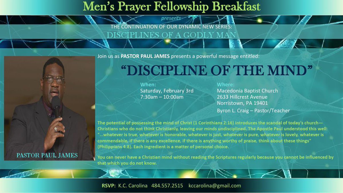 Bcraig418's tweet photo. Now is the time to get awesome teaching on the Discipline of the Mind by Pastor Paul James. Free breakfast and transportation. https://t.co/Wiuxo41IIX