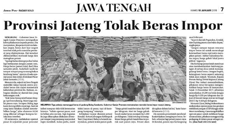 Bangga! Gubernur @ProvJateng Bp @GanjarPranowo tegas tolak #BerasImpor 👍 solopos.com/2018/01/18/gub…