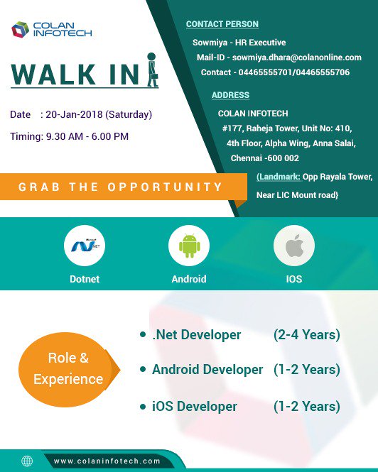 colan_infotch's tweet image. IMMEDIATE JOB OPENINGS IN #CHENNAI @colan_infotch on #20thJAN2018
#DotNet_developer #Android_developer #ios_developer #saturdaywalkin
PH: 04465555701/ 04465555706