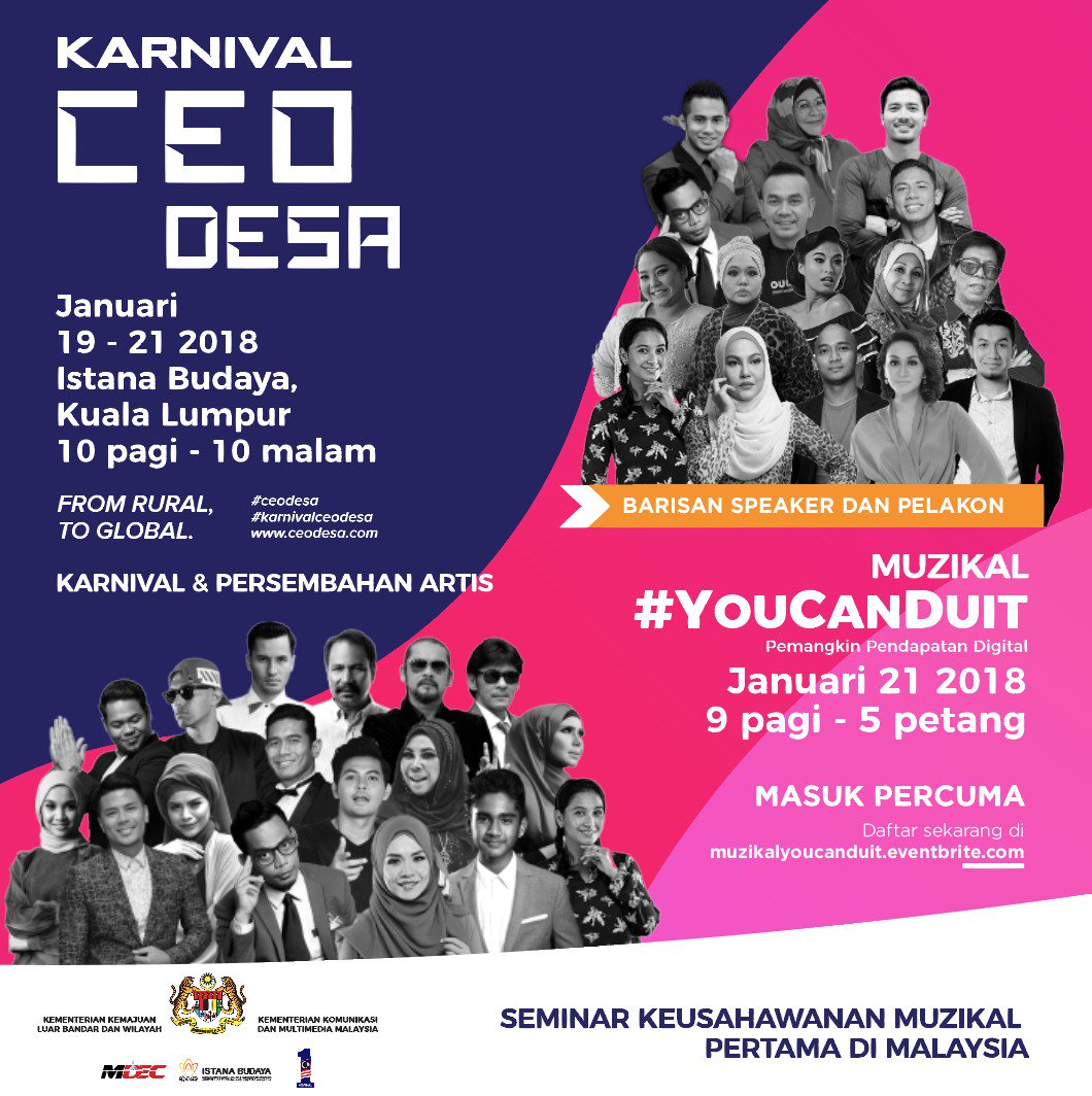 komunikasi_gov's tweet photo. Jom meriahkan Karnival CEO Desa 19-21 Jan 2018. Pelbagai aktiviti menarik akan diadakan
@mymdec @kklw_gov
#KKMM #YouCanDuit #CEODesa https://t.co/t3PeDYjxfg