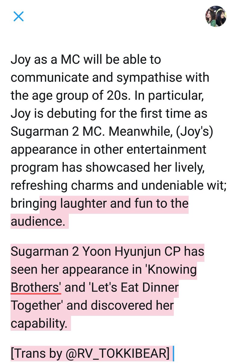 21. Sugarman2's CP chose Joy as a MC of his show, because he saw her appearance in Knowing Brother and Let's eat dinner together and discovered her capability. He praised her after 1st recording.Cr: DC_JOY_