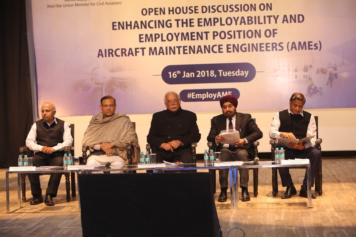 jayantsinha's tweet photo. Engaged in an Open House Discussion on Employability and Employment Positions of Aircraft Maintenance Engineers (AMEs) at New Delhi, in the esteemed presence of Hon. Minister of Civil Aviation Shri @Ashok_Gajapathi ji and other eminent dignitaries. #EmployAME https://t.co/inOdSthGpn