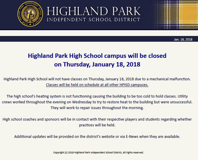 WFAADaybreak's tweet photo. NEW: Classes are canceled this morning at Highland Park High School. An official tells us they're heaving heating problems - &amp; the building will be too cold for classes! #IAmUp #DFW #Texas #DFWWX https://t.co/MdR0UJLTyu