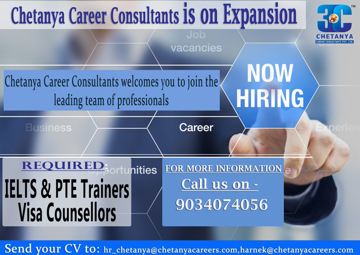 CareerChetanya's tweet photo. Urgent Requirement for IELTS &amp; PTE Trainers and Visa Counselors.!!
#ChetanyaCareerConsultants #Hiring #IELTSTrainers #PTETrainers #VisaCounselors https://t.co/qA8xAUtViH