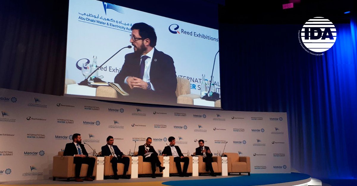 IDA President <a href="/sanzma27/">Miguel Angel SANZ</a> from <a href="/suez/">SUEZ</a> participated in the session “New Technologies for Future Desalination” at the @IntlWaterSummit in Abu Dhabi. Miguel Ángel explained the primary market driver is #sustainability, and sustainability is lowering #water cost (capex+opex).