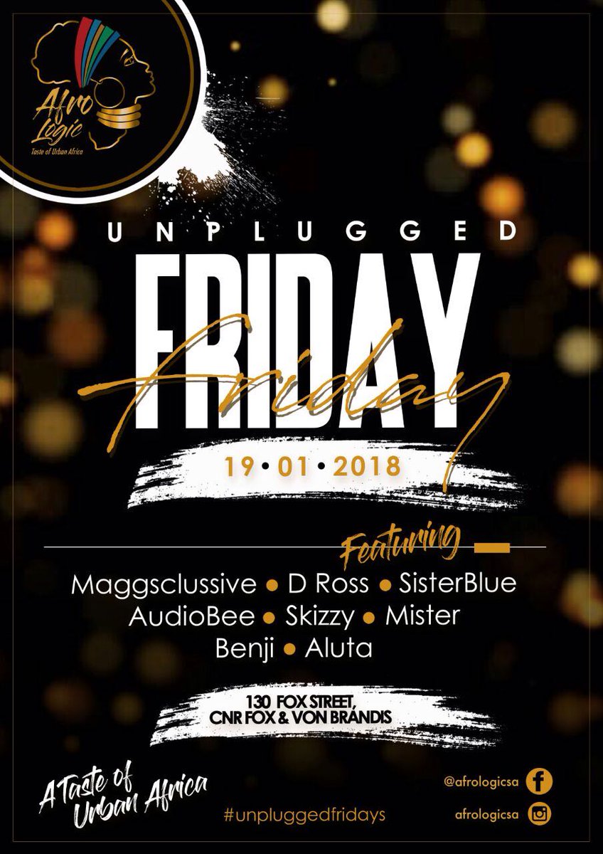 Official_DSP_SA's tweet photo. Do join us this Friday as we kick start our UNPLUGGED FRIDAY sessions at #AfrologicCafe (130 Fox street, Cnr. Fox & Von Brandis JHB).
Entrance is free all night.
#UnpluggedFridays #dsp #DspSummer #Afrologic #Housemusic #Deephouse #AtasteOfUrbanAfrca https://t.co/ouymCfPWIJ