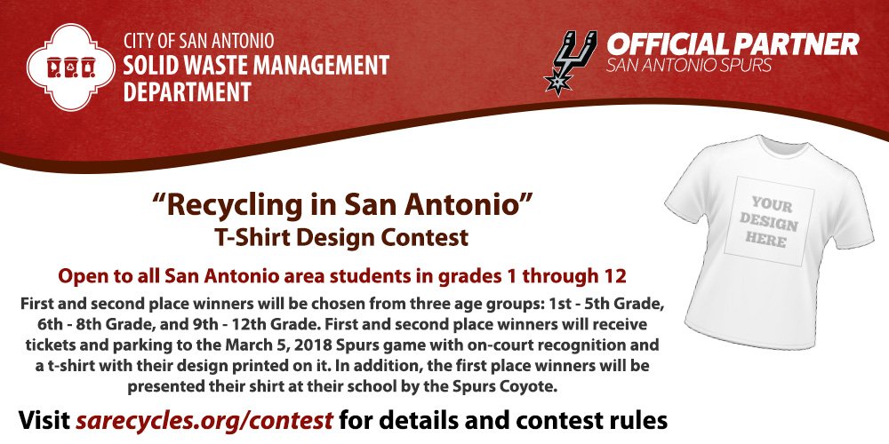 Hey #teachers and #parents!  Do you have a child that loves to #draw?  How about a child that loves our #SanAntonioSpurs?  Here is the best of both worlds!  Enter our #RecyclinginSanAntonio Tshirt Design Contest.  Visit sarecycles.org/contest for all the details!