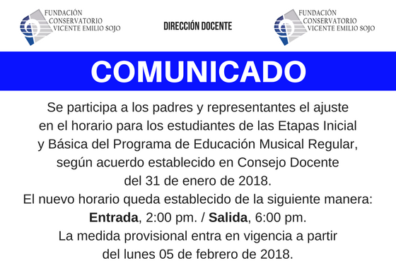 Conser_VES's tweet photo. Información de interés para padres y representantes.
#somossojistas #Conservatorio #ConservatorioVicenteEmilioSojo #música #FCVES #Febrero #01Feb #Año2018 #ProgramaRegular #PEMA https://t.co/dm6RTEnweA