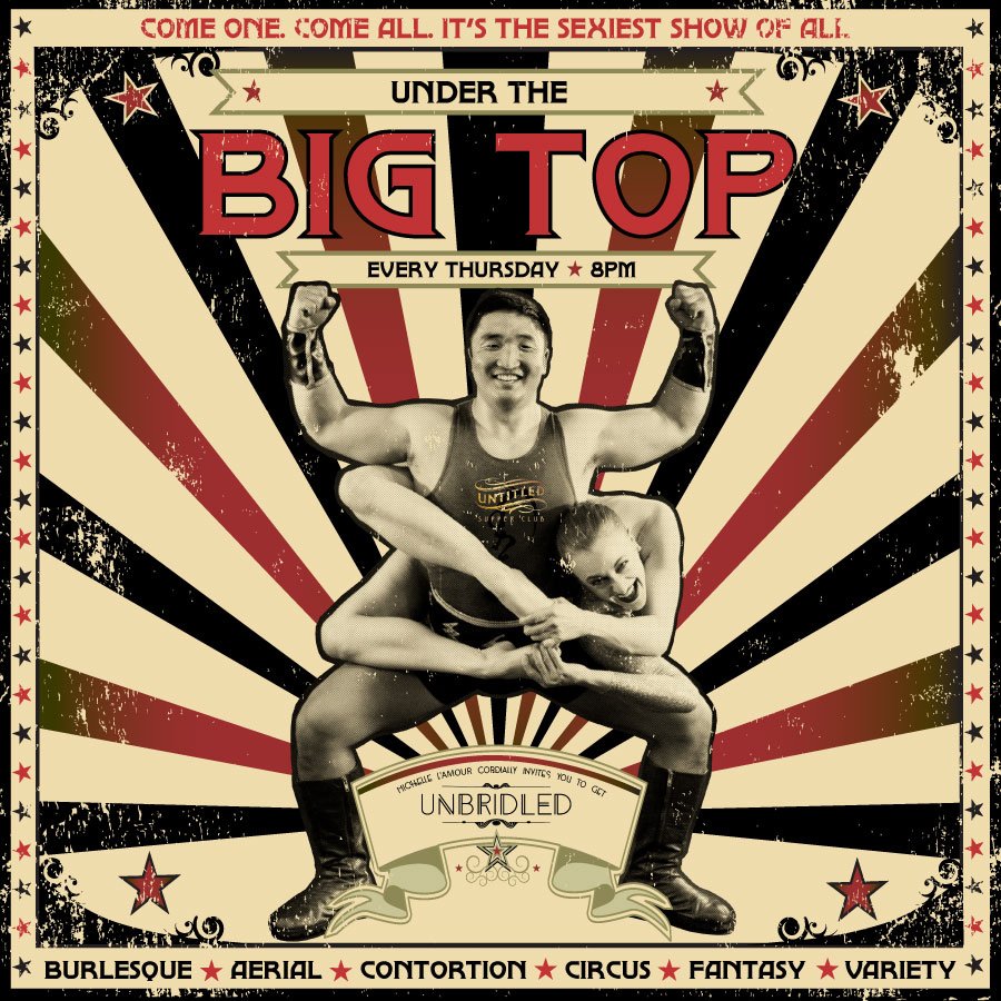 It's all #UnderTheBigTop"... feats of strength, mind bending contortion acts and dazzling #burlesque. Unbridled at Untitled's newest show is #tonight!
Complimentary admission I 8pm doors, 9pm showtime
Dinner reservations: 312.880.1511
VIP experience: AmyJade@untitled111.com