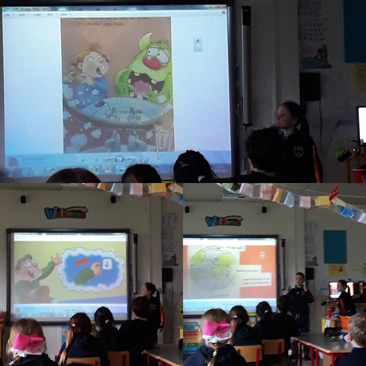 Teach_Mitchell's tweet photo. Today we had 2 guest speakers from Ms. McGrath class. They explained the @GreenSchoolsIre flag to us & all of the work we need to keep doing. They also told us about the environment & the ozone layer. #walkonwednesday #turnofftaps #turnofflights #banaerosols #ReduceReuseRecycle https://t.co/FAJb8O0qsT
