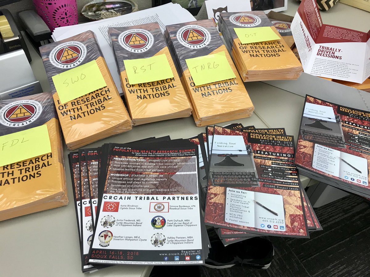 CRCAIH's tweet photo. Fliers and brochures for everyone! Highlighting all the great work our 5 Tribal partners do and their upcoming Summit presentation and workshop! #CRCAIH #tribalresearch #Summit2018 https://t.co/jy4msio2lo