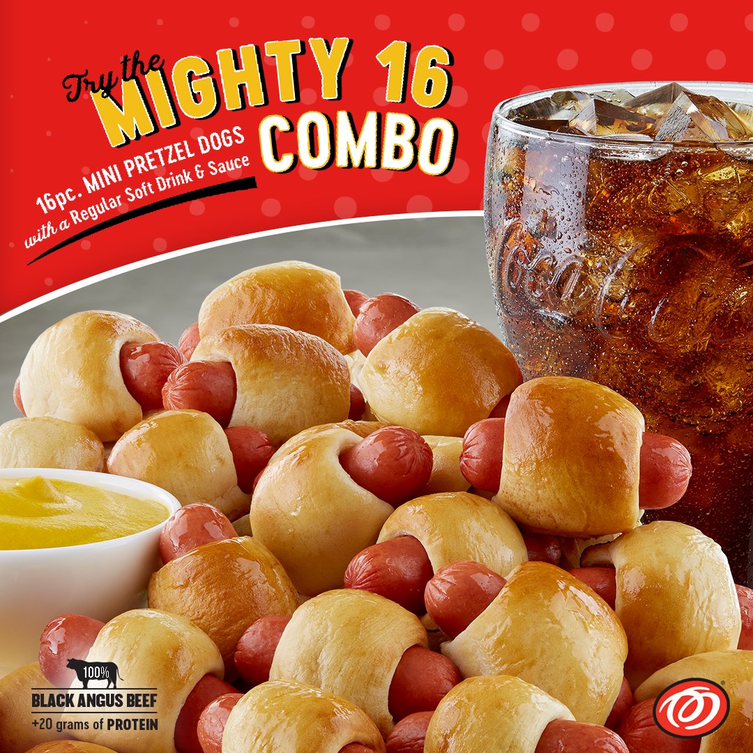 Pretzelmaker's tweet photo. Mini. Pretzel. Dogs. Made with 100% Angus Beef and no artificial flavors or binders. Just the good stuff. Swing by today to try a 16-piece combo today! Have you tried them yet? #MiniPretzelDogs https://t.co/XYaI2ubr28