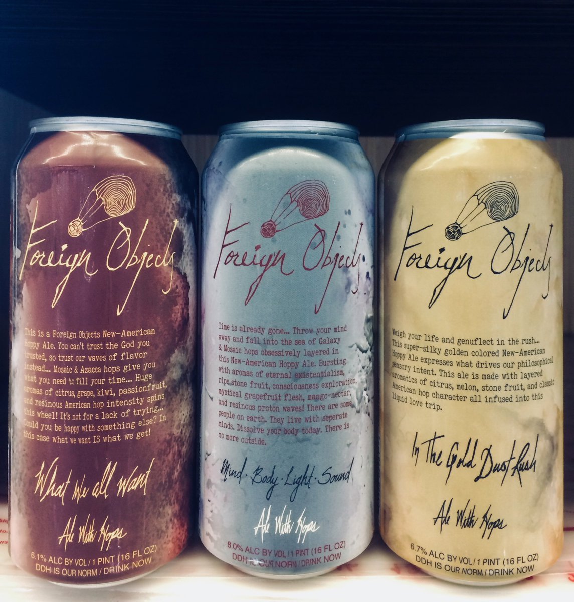 PremierBeer's tweet image. A trifecta of NE-IPA&apos;s by #ForeignObjects are here! Their What We All Want, Mind-Body-Light-Sound, and In the Gold Dust Rust (the new+improved  batch) are sure to satisfy any #HazeBro 💚😛💚 
*Limit one can of WWAW+MBLS and one 4-pack of ITGDR per customer*