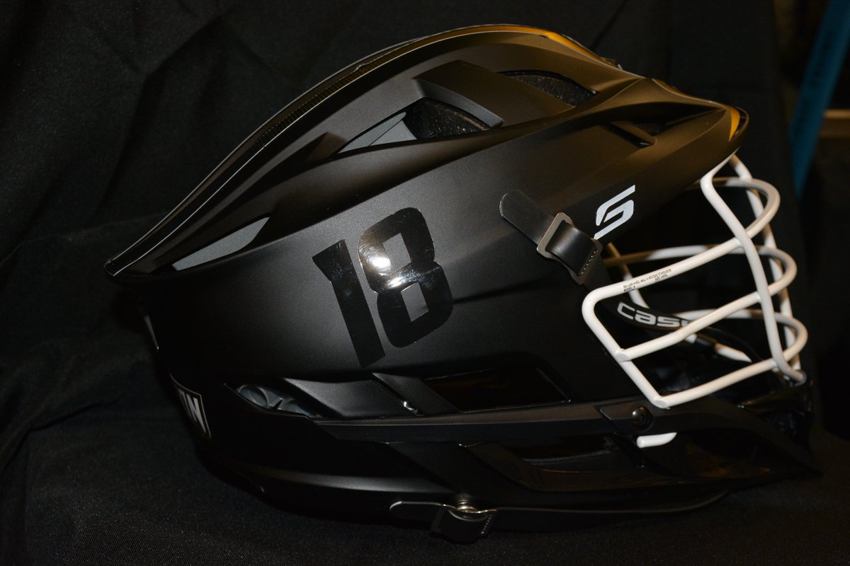 Towson_MLAX's tweet photo. As promised: A look at our 2018 matte black @CascadeLacrosse #Shelmets with @ZimaGear decals. 😍😍😍 #LSNHelmetShowcase https://t.co/qjJqeqBDUu