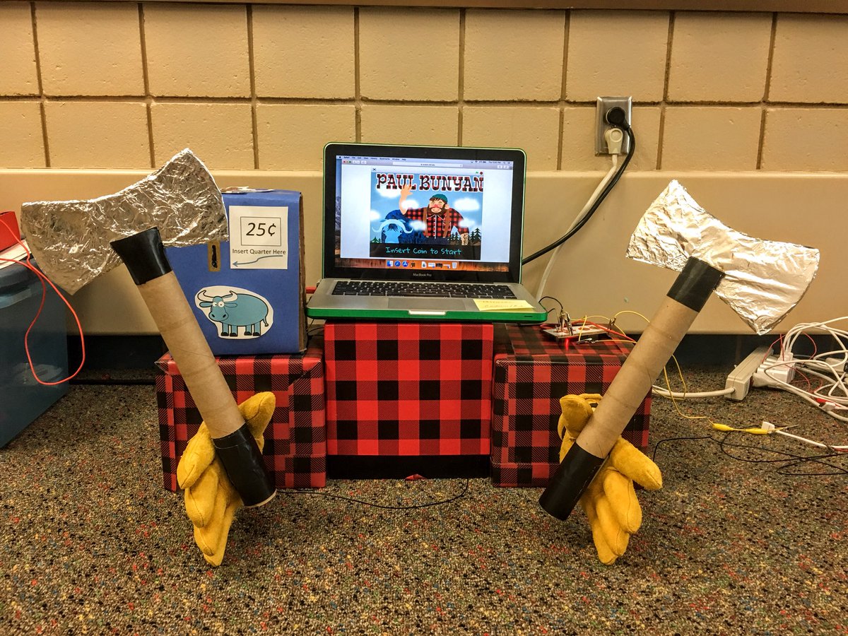 Teach_Innovate's tweet photo. Fortune teller Paul Bunyan was created with a @makeymakey and coded with @scratch! Insert coin to activate &amp; touch axe blades to receive fortune #STEAM #edtech @STEAMrollerzMN #electricity #STEM #inquiry #makeymakey #scratch #code https://t.co/k00QAZ7Tbq