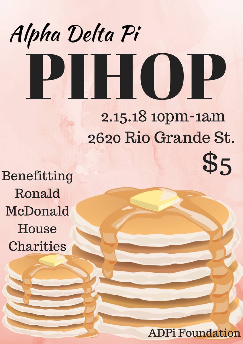 Everyone plz come out to the ADPi house on 2/15 for unlimited pancakes (for only $5)!!!! 10pm-1am, contact me for a wristband! 😋🥞🥞 all proceeds go to the Ronald McDonald House charity!!