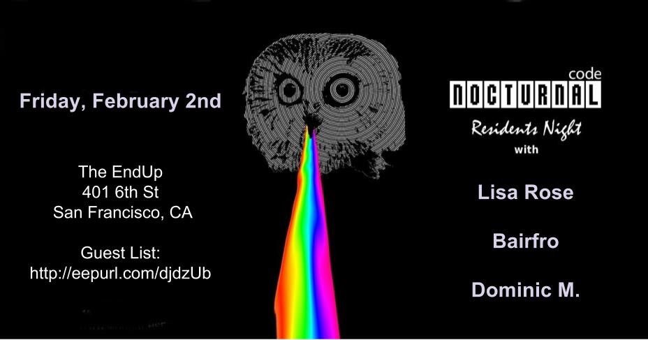 NOCTURNAL_code's tweet image. We’re taking over @endupsf this Friday night! @djlisarose @bairfro @dombhomb  bringing you some proper techno to start the weekend off right! RSVP at eepurl.com/djdzUb for FREE entry before 11pm; $10 after. #seeyouonthedancefloor #nocturnalcode #knowthecode #technosf