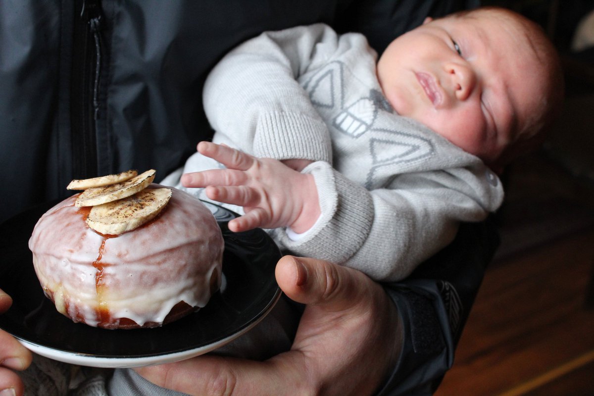 DiscoveryCoffee's tweet photo. We can't. @YonnisDoughnuts and the newest Discovery Coffee baby? Nope. We're done. Day is complete. Banana Cream Pie doughnut will be available all month but this little squish is only seen by chance and today we got lucky. 😍 Welcome to the world Davie Gray! https://t.co/veVuTjJmyE