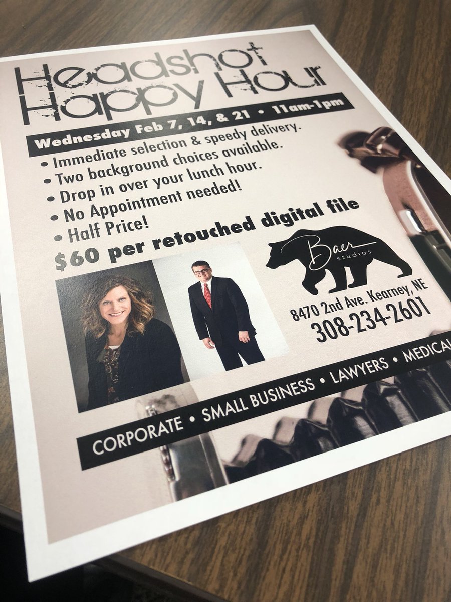 KearneyBNI's tweet photo. You have been putting off that professional headshot for too long! Take the time to go see @BrianBaer this month on February 7th, 14th, or 21st from 11 am to 1 pm and the fresh look you need. #kearney #bni #photography #happyhour https://t.co/AbvW83Mby7