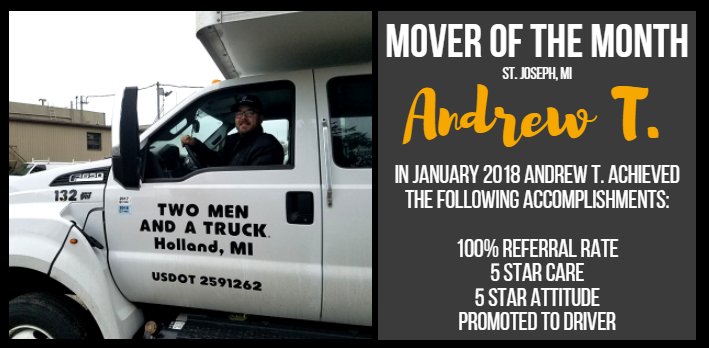 Andrew T. was voted St. Joseph's #MoverOfTheMonth by his peers for his dependability and hard-work! When he isn't #MovingPeopleForward, Andrew T. is outdoors: hunting, fishing, or hiking! #hardworkpaysoff