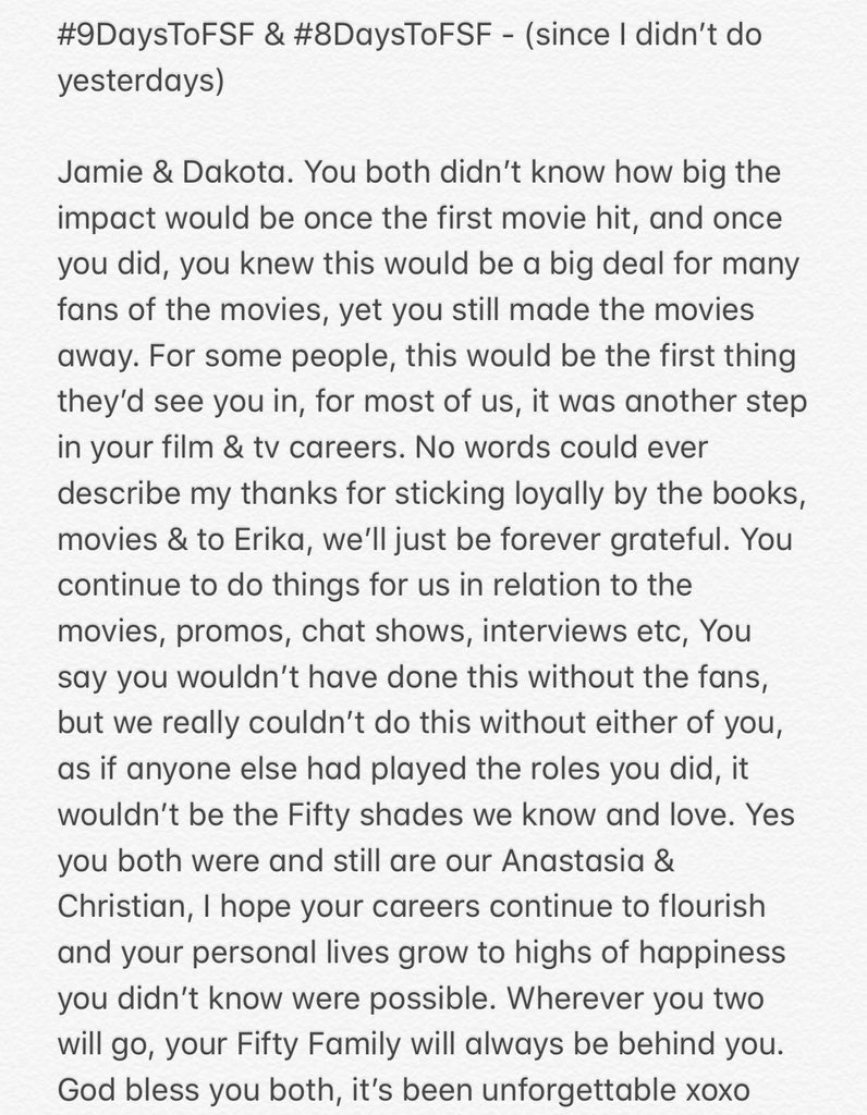 B_Bibliophile_'s tweet photo. @FiftyFanGirl @LatersBabyUK @50Shades_More #9DaysToFsf & #8DaysToFSF in one, hope that’s okay ladies. Wonderful countdown questions on this final leg of the movies, going to miss them every day 😪. Have a wonderful time at any events you’re attending, and have a great weekend! All love to you & the #FiftyFamily ❤️ https://t.co/I99id7frfm