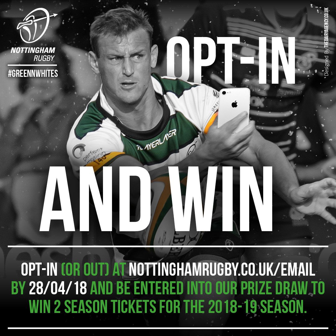 NottinghamRugby's tweet photo. Opt-in to continue to receive emails and texts from the club and you could WIN a pair of 2018/19 #GreenNWhites season tickets

Opt-in (or out) here ➡️https://t.co/92w7OKMbfE

#PartOfTheTeam🏹#NRFC🏉#Nottingham #Notts https://t.co/BjPp4siMHS