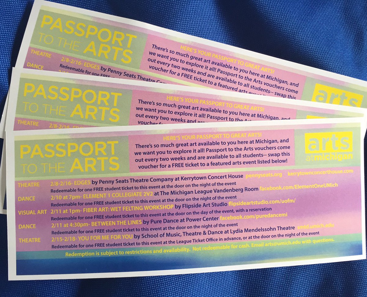 ArtsAtMichigan's tweet photo. New #PassportVouchers are going out around campus today! Pick one up at your @UMich ResHall CC to swap for a FREE @UMichStudents' ticket to a great arts event! https://t.co/HjzO5AJsvy https://t.co/r8pVz9pUoz