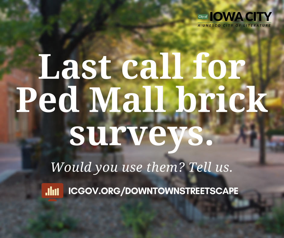 CityOfIowaCity's tweet photo. Last chance! Do you want to keep a piece of the ped mall? 🤔
Tell us. Survey closes [tomorrow!] Friday, Feb. 2. 
🖱️: https://t.co/RSZXFcKmzj #pedproject https://t.co/8XkRUbTQwt