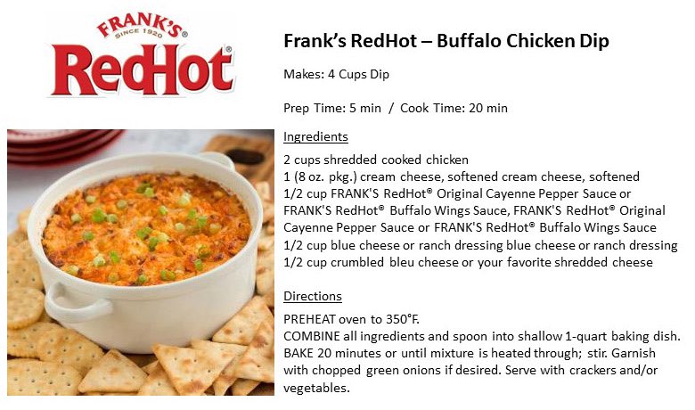 ebbe tidevand Tumult centeret Justin, Scott & Spiegel on Twitter: "This Sunday, spice up your game day  with @FranksRedHot. Check the recipe for Frank's RedHot – Buffalo Chicken  Dip. #IPTSOE #FranksRedHot https://t.co/Zl7QPcsfzM" / Twitter