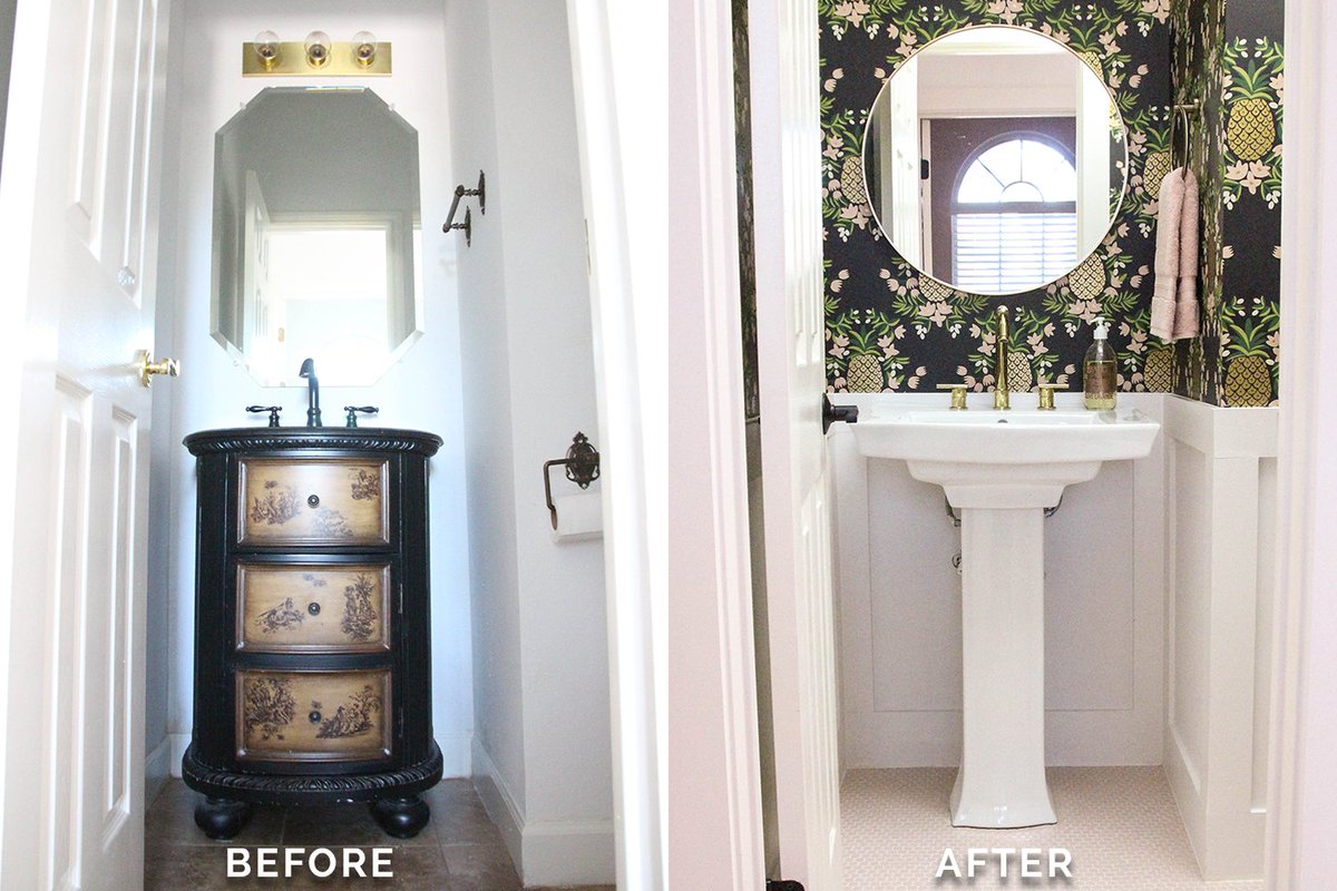 KatieTay's tweet photo. Sharing the full #beforeandafter of our powder bathroom #remodel #ontheblog today! https://t.co/zUS2DaVMJA https://t.co/6oMtugOObk