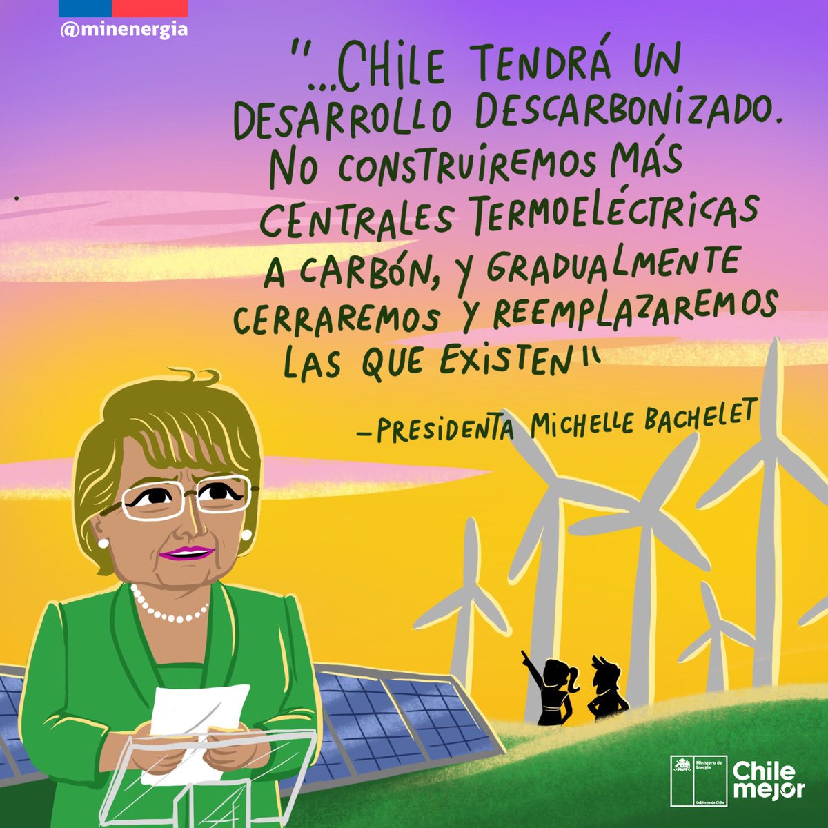 MinEnergia's tweet photo. Esta semana hemos conocido una noticia increíble para el desarrollo sustentable🍃 de Chile🇨🇱
👉Esto, puesto que como @GobiernodeChile hemos firmado un acuerdo con las @GeneradorasCL para descarbonizando el país🌱

Compartimos palabras de Presidenta @mbachelet al respecto 👍💚 https://t.co/6aq9Cn844h