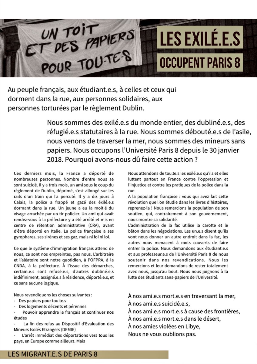 ExileesOccupP8's tweet photo. Voici le communiqué des migrant.e.s de Paris 8: #OccupP8 #RefugeesWelcome https://t.co/WFkyhNZbM3